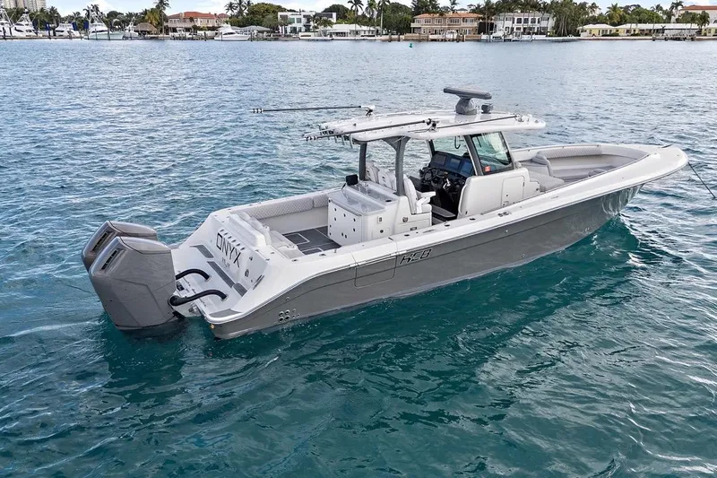 Onyx Yacht Photos Pics 2023 HCB 39 Speciale boat on clear blue water, showcasing sleek design and powerful engines.