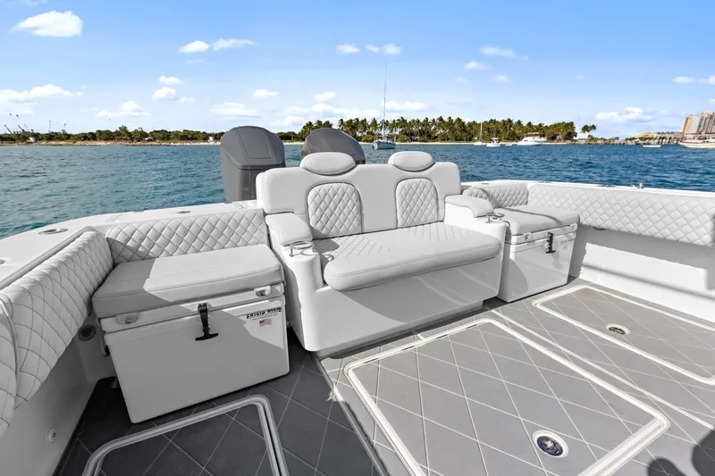 Onyx Yacht Photos Pics Luxurious seating on 2023 HCB 39 Speciale boat with ocean view.