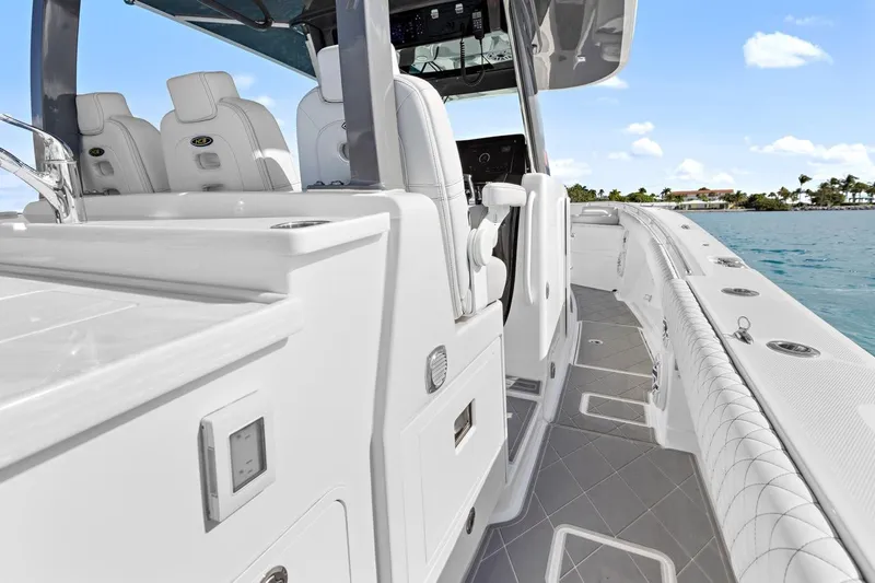 Onyx Yacht Photos Pics 2023 HCB 39 Speciale luxury boat interior with sleek white seating and modern design.