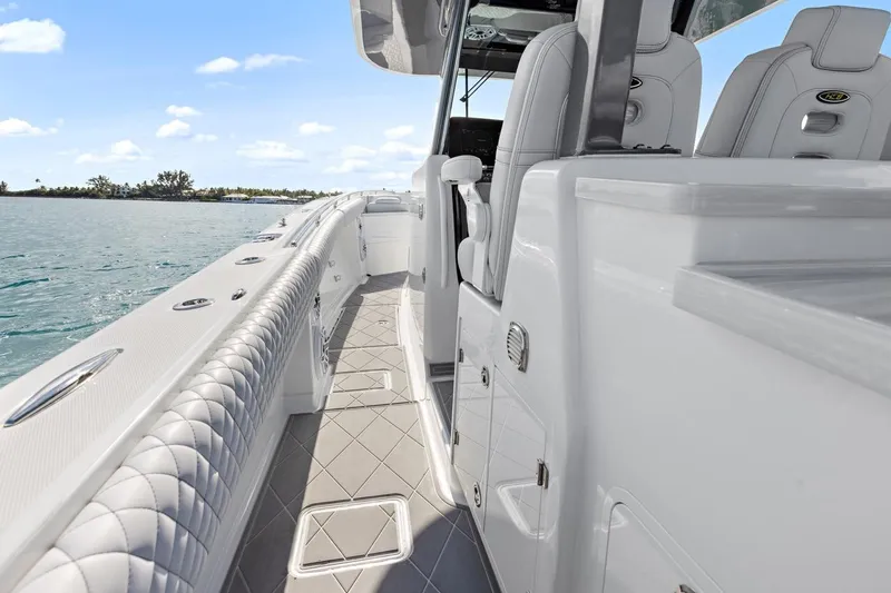 Onyx Yacht Photos Pics 2023 HCB 39 Speciale boat interior with luxurious seating and sleek design on open water.