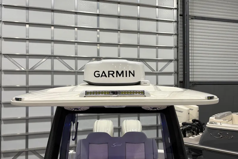  Yacht Photos Pics 2026 Scout 288 LXF boat with Garmin radar, indoor setting.