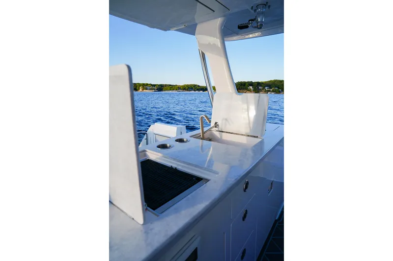 Only Fins Yacht Photos Pics 2021 Regal 38 SAV boat kitchen area with sink, overlooking serene lake view.