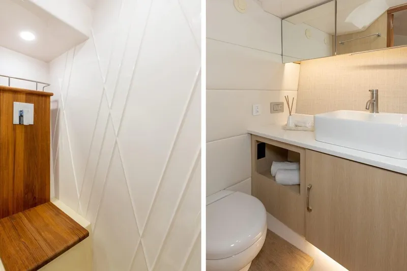 Only Fins Yacht Photos Pics Luxurious 2021 Regal 38 SAV yacht bathroom with modern sink and wooden accents.