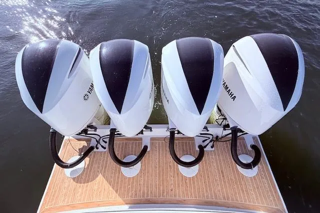  Yacht Photos Pics Four Yamaha outboard engines on a 2017 Regulator 41 boat, viewed from above.