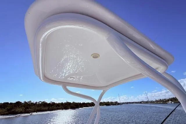  Yacht Photos Pics 2017 Regulator 41 boat canopy against a clear blue sky and water backdrop.