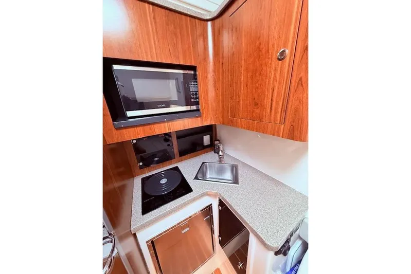  Yacht Photos Pics 2017 Regulator 41 boat kitchen with microwave, sink, and stove.