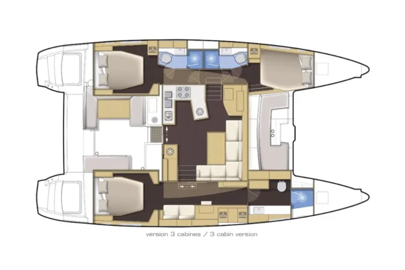 Why Not Yacht Photos Pics Floor plan of a 2019 Lagoon 450F catamaran, featuring three cabins and a central living area.