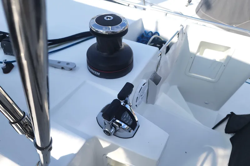 Why Not Yacht Photos Pics Close-up of 2019 Lagoon 450F yacht controls and winch on deck.