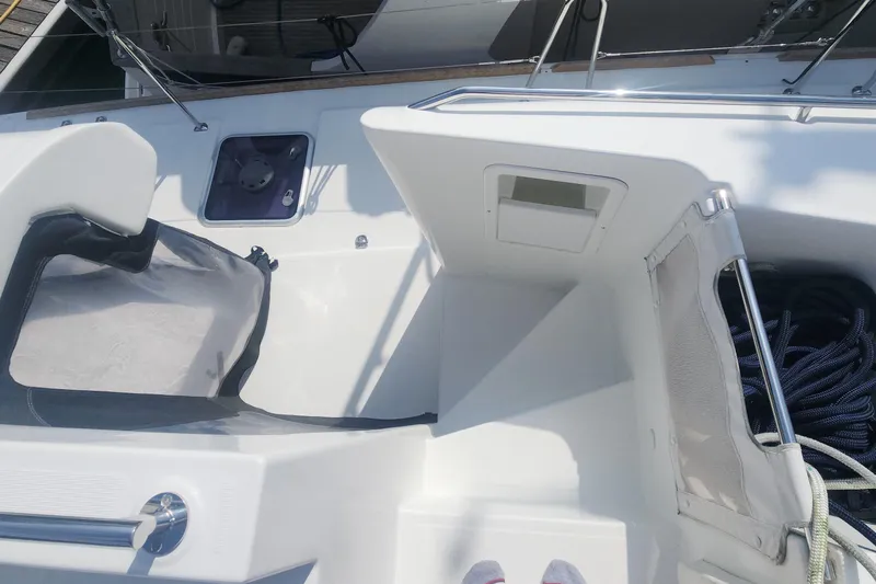 Why Not Yacht Photos Pics Cockpit of 2019 Lagoon 450F catamaran with seating and storage area.