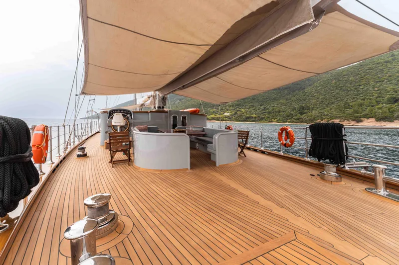 Le Pietre Yacht Photos Pics Custom 2009 sailing yacht with spacious wooden deck and shaded seating area.