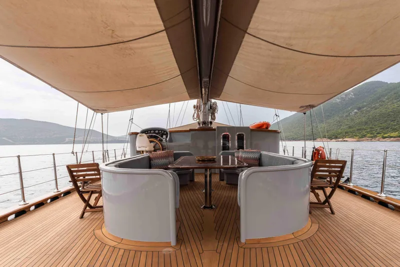 Le Pietre Yacht Photos Pics Luxurious deck of a 2009 custom sailing yacht with shaded seating area.