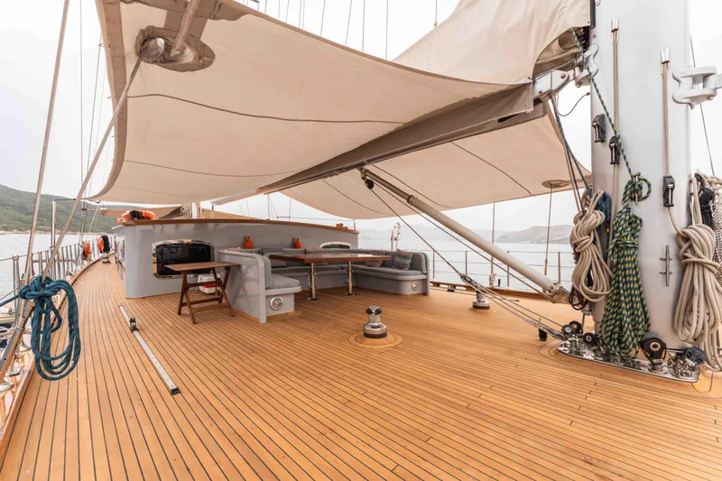 Le Pietre Yacht Photos Pics Luxurious 2009 custom sailing yacht deck with seating area and canopy.