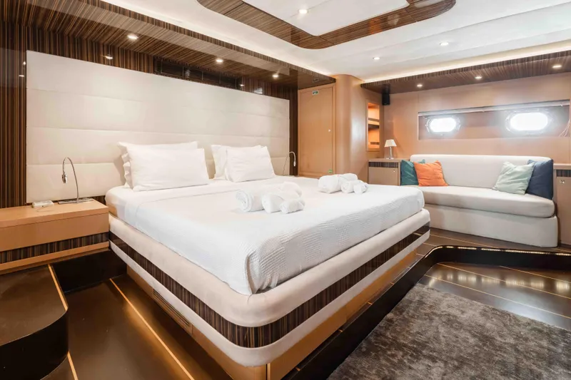 Le Pietre Yacht Photos Pics Luxurious bedroom interior of a 2009 custom sailing yacht with modern design.