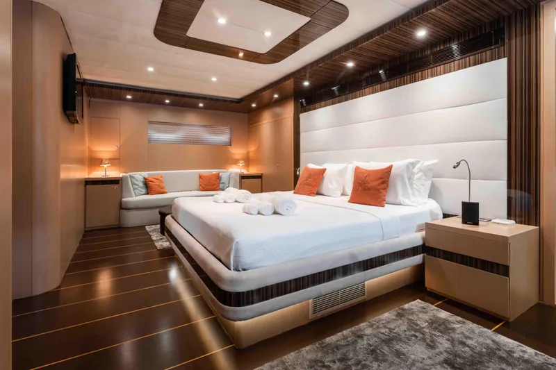 Le Pietre Yacht Photos Pics Luxurious master bedroom on a 2009 custom sailing yacht with modern decor.