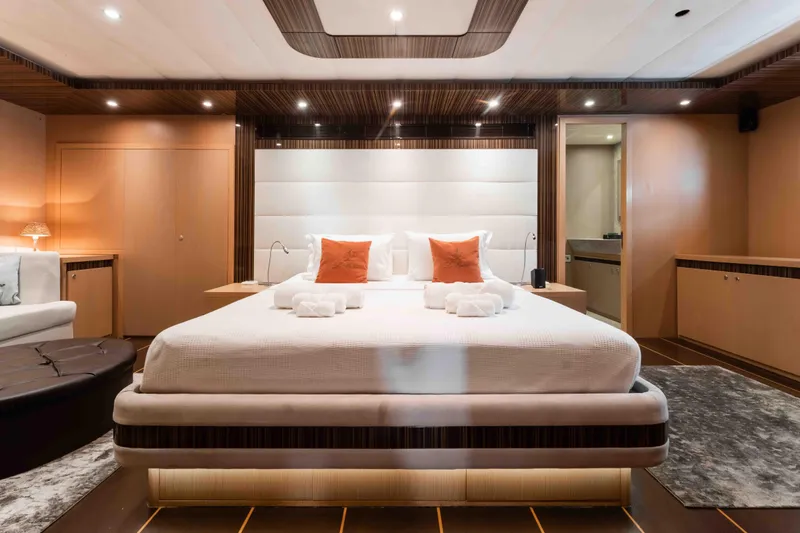 Le Pietre Yacht Photos Pics Luxurious master bedroom on a 2009 custom sailing yacht with modern decor.
