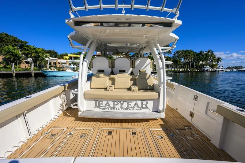 Leap Year Yacht Photos Pics 2018 Pursuit S 408 Sport boat with seating, docked in Fort Lauderdale.