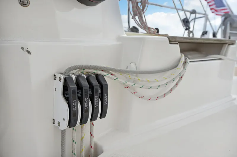 Zephyr Yacht Photos Pics Close-up of Catana 42 sailboat rigging system, 2016 model, with ropes and clutches.