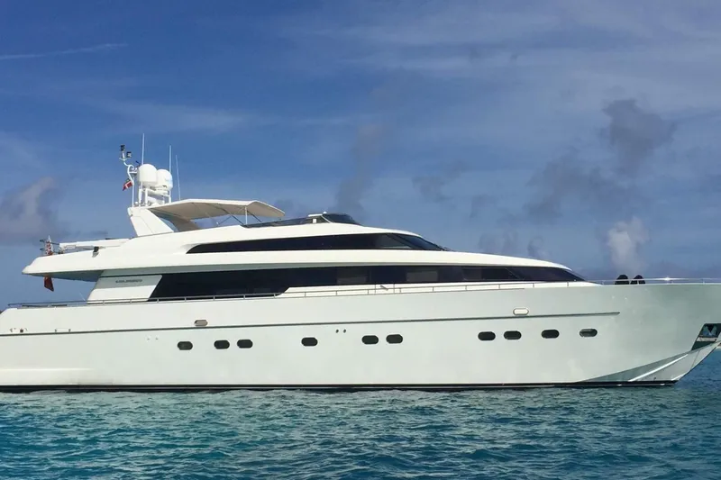  Yacht Photos Pics Luxury Sanlorenzo SL88 yacht from 2000 on clear blue water.