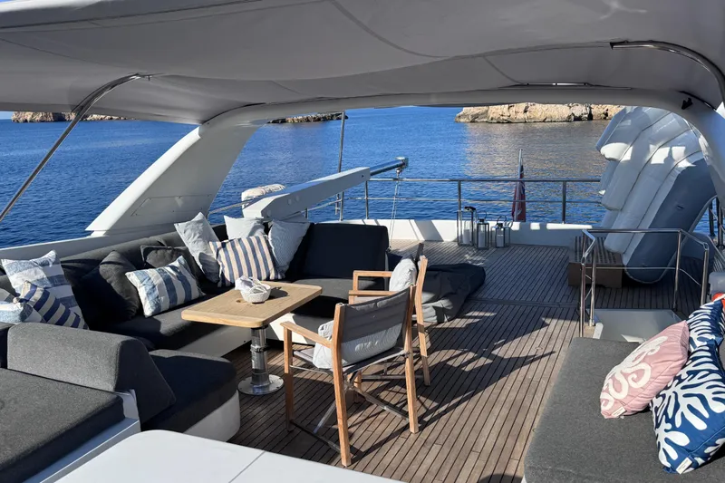  Yacht Photos Pics Luxurious Sanlorenzo SL88 yacht deck with comfortable seating, ocean view, and elegant decor.