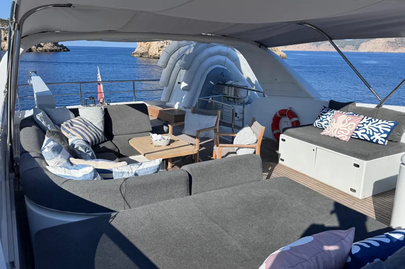  Yacht Photos Pics Luxurious Sanlorenzo SL88 yacht deck with stylish seating, ocean view, and elegant decor.