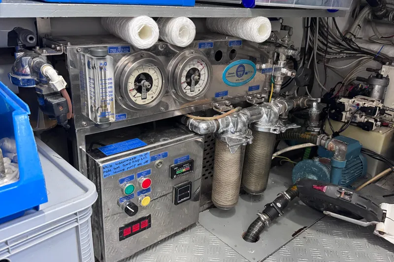  Yacht Photos Pics Engine room of 2000 Sanlorenzo SL88 yacht with water filtration system.