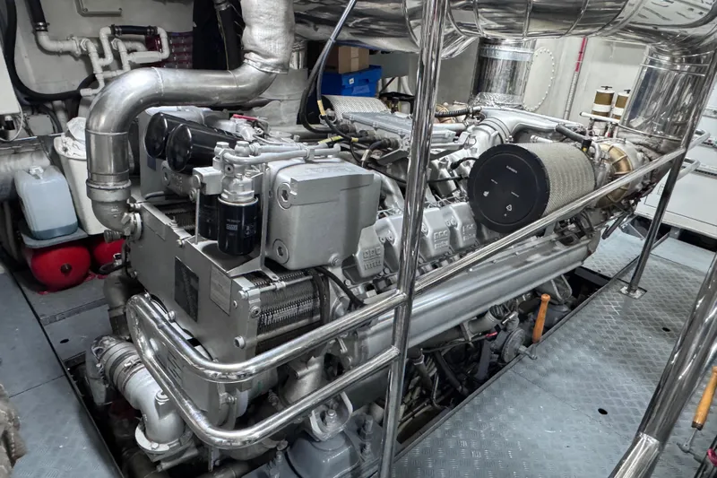  Yacht Photos Pics Engine room of 2000 Sanlorenzo SL88 yacht, showcasing intricate machinery and components.