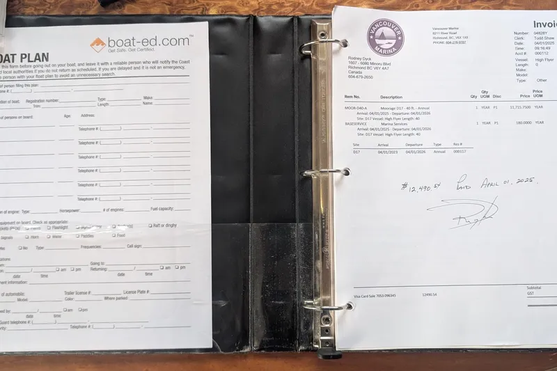 High Flyer Yacht Photos Pics Binder with boat plan and invoice for 2007 Meridian 411 Sedan Bridge.