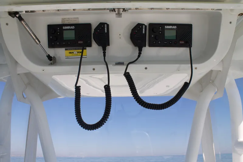  Yacht Photos Pics 2014 Yellowfin 32 Offshore boat electronics with Simrad communication devices.