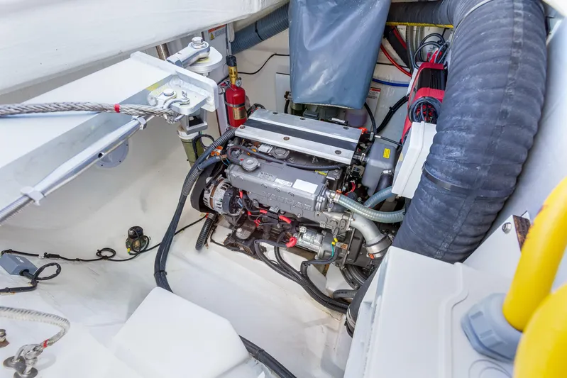 Limerick Yacht Photos Pics Engine compartment of a 2023 Leopard 42 yacht, showcasing modern mechanical components.