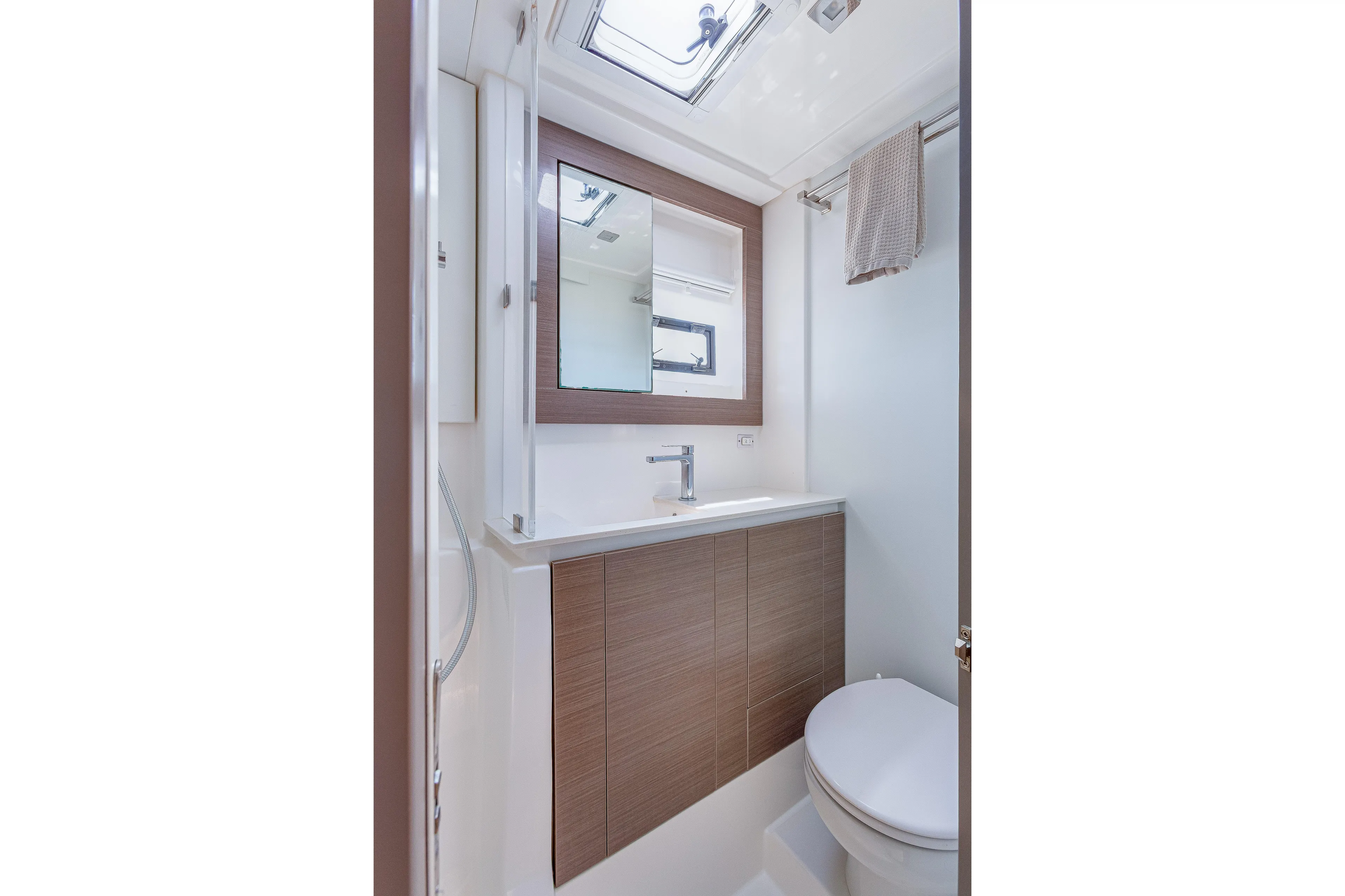 Limerick Yacht Photos Pics Modern bathroom in 2023 Leopard 42 yacht, featuring sleek design and compact functionality.