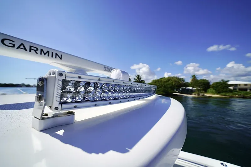 Little Lady Yacht Photos Pics 2024 Invincible 35 Catamaran with Garmin radar and LED light bar on a sunny day.