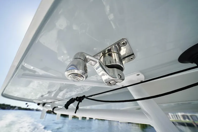 Little Lady Yacht Photos Pics Close-up of a 2024 Invincible 35 Catamaran's stainless steel hardware detail.
