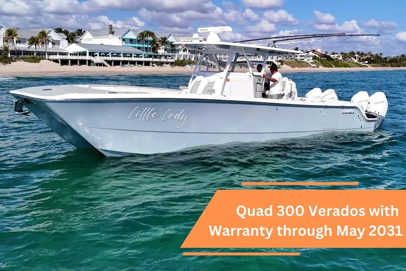 Little Lady Yacht Photos Pics 2024 Invincible 35 Catamaran on water, featuring Quad 300 Verados, warranty until May 2031.