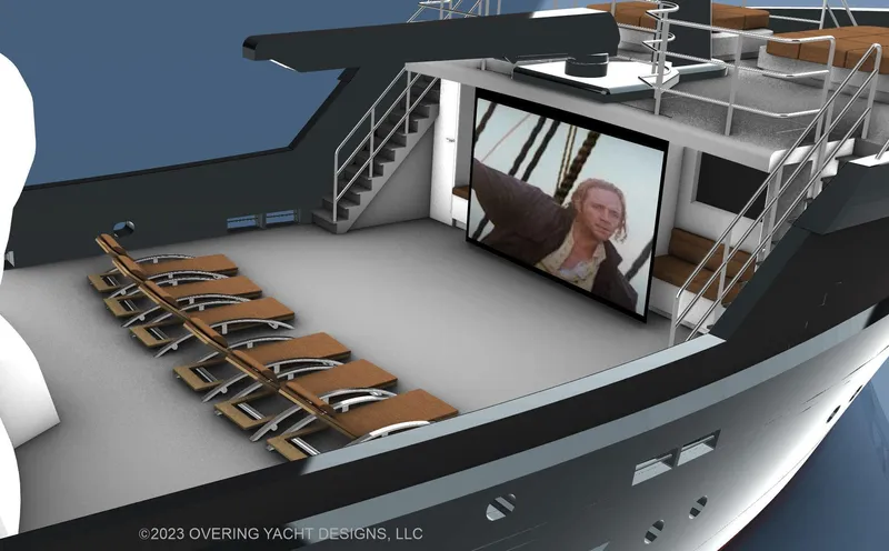  Yacht Photos Pics Outdoor cinema on 2025 Expedition 43M Long Range MotorYacht with lounge chairs.