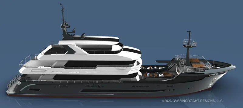  Yacht Photos Pics Expedition 43M Long Range MotorYacht 2025, sleek design, luxury vessel on blue background.