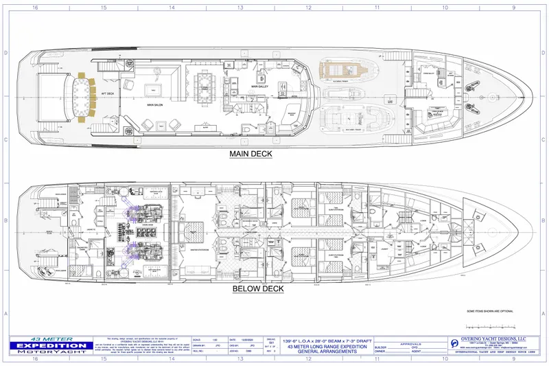 Yacht Photos Pics Blueprint of 2025 Expedition 43M Long Range MotorYacht, main and below deck layouts.