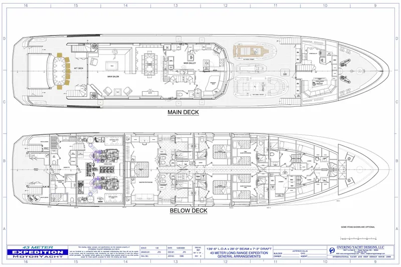  Yacht Photos Pics Blueprint of 2025 Expedition 43M Long Range MotorYacht, main and below deck layouts.