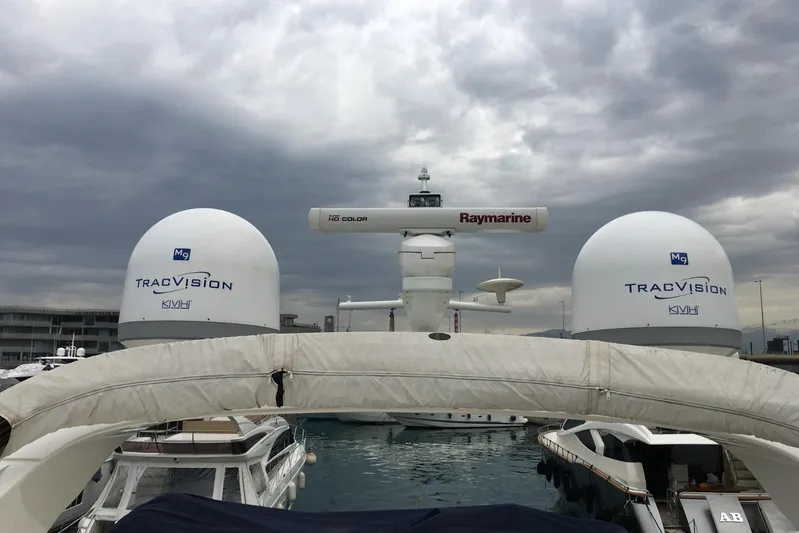  Yacht Photos Pics Luxury yacht Princess 72, 2014 model, with TracVision and Raymarine equipment under cloudy skies.