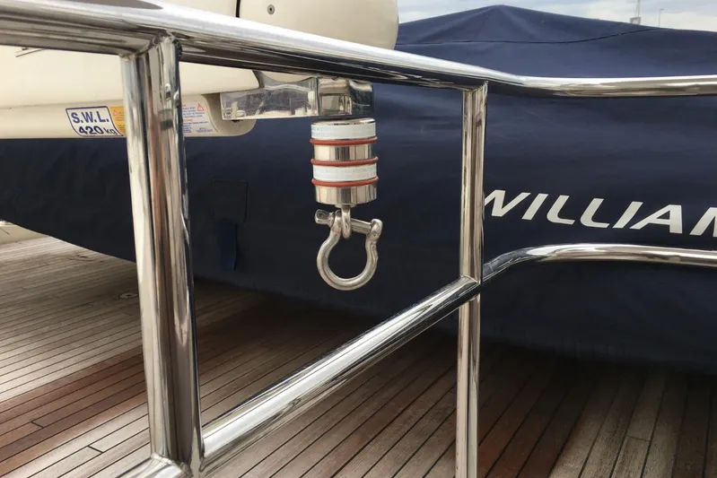  Yacht Photos Pics Stainless steel railing on a 2014 Princess 72 yacht deck with visible hardware.