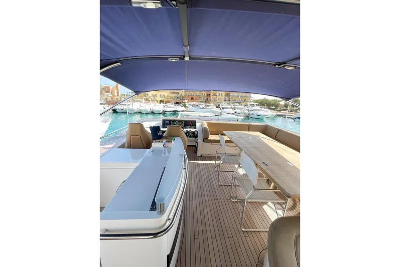  Yacht Photos Pics Luxurious 2014 Princess 72 yacht deck with seating and marina view.