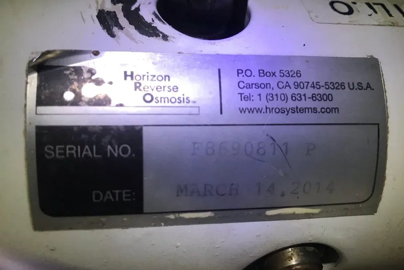 Sea Jade Yacht Photos Pics Label on Horizon Reverse Osmosis system with serial number and date, March 14, 2014.