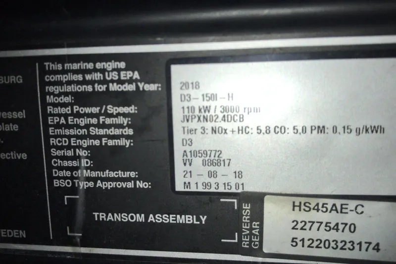 Sea Jade Yacht Photos Pics Marine engine compliance label for 2018, featuring specifications and emission standards.