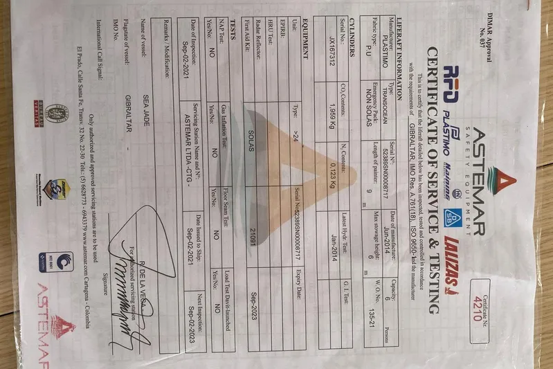 Sea Jade Yacht Photos Pics Certificate of service and testing for vessel, issued in Gibraltar, featuring safety equipment details.