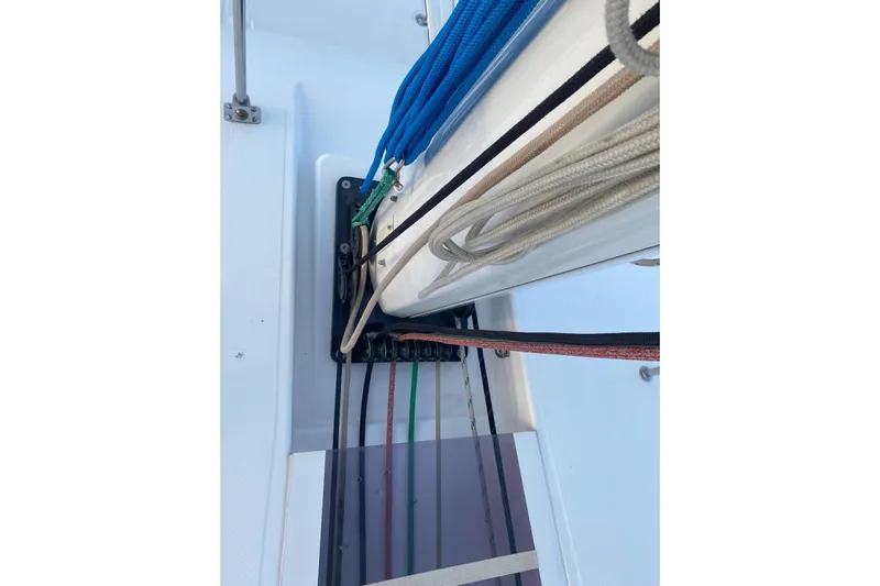 Sea Jade Yacht Photos Pics Close-up of rigging on a 2014 FONTAINE PAJOT 63 sailboat.