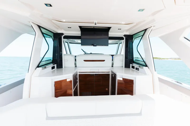 Phoenix Yacht Photos Pics Interior of 2023 Tiara 48 yacht with modern design and ocean view.