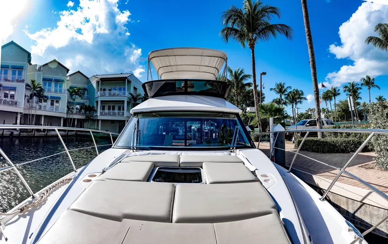 Syren Yacht Photos Pics 2022 Regal 42 FXO yacht docked by palm trees and waterfront homes.