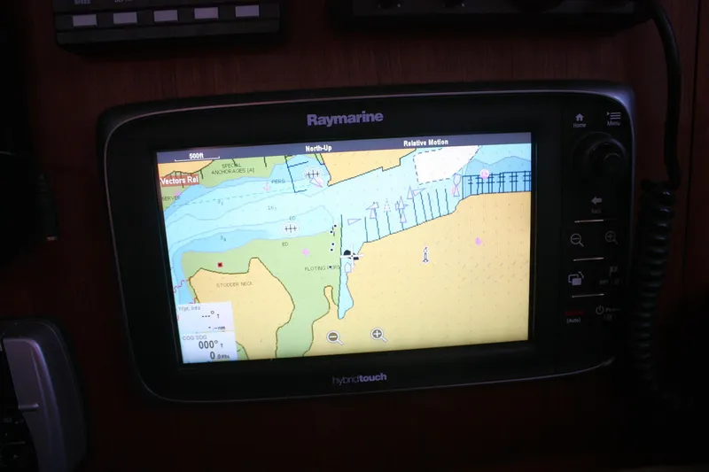 Tigerlily Yacht Photos Pics Raymarine navigation display on 2004 Pacific Seacraft 31 sailboat, showing nautical chart.