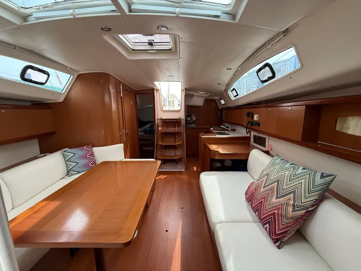 Deep Unreal Yacht Photos Pics Interior of 2008 Beneteau Oceanis 40 sailboat with wood finish and cozy seating area.