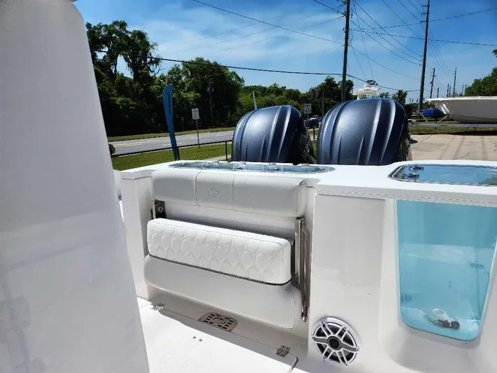 Black Label Marine Yacht Photos Pics 2023 Sea Fox 288 Commander boat interior with dual engines and seating.