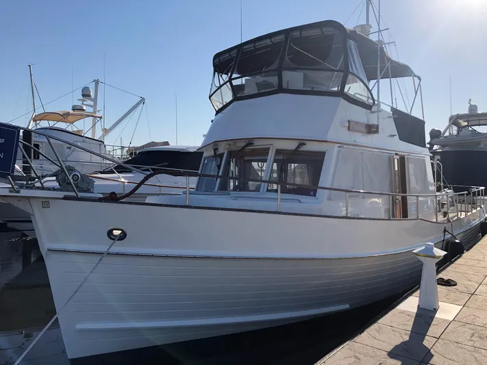 Its About Time Yacht Photos Pics 1996 Grand Banks Classic yacht docked at marina under clear blue sky.